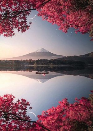 A Photography of Nature Being Beautiful with the Moon and Row Boat on a Lake